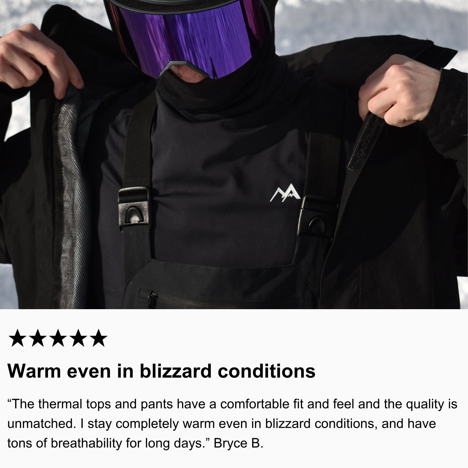 Photo of community member layering for snowboarding wearing Arctic Eco-Sno Men’s Base Layers in Black.
