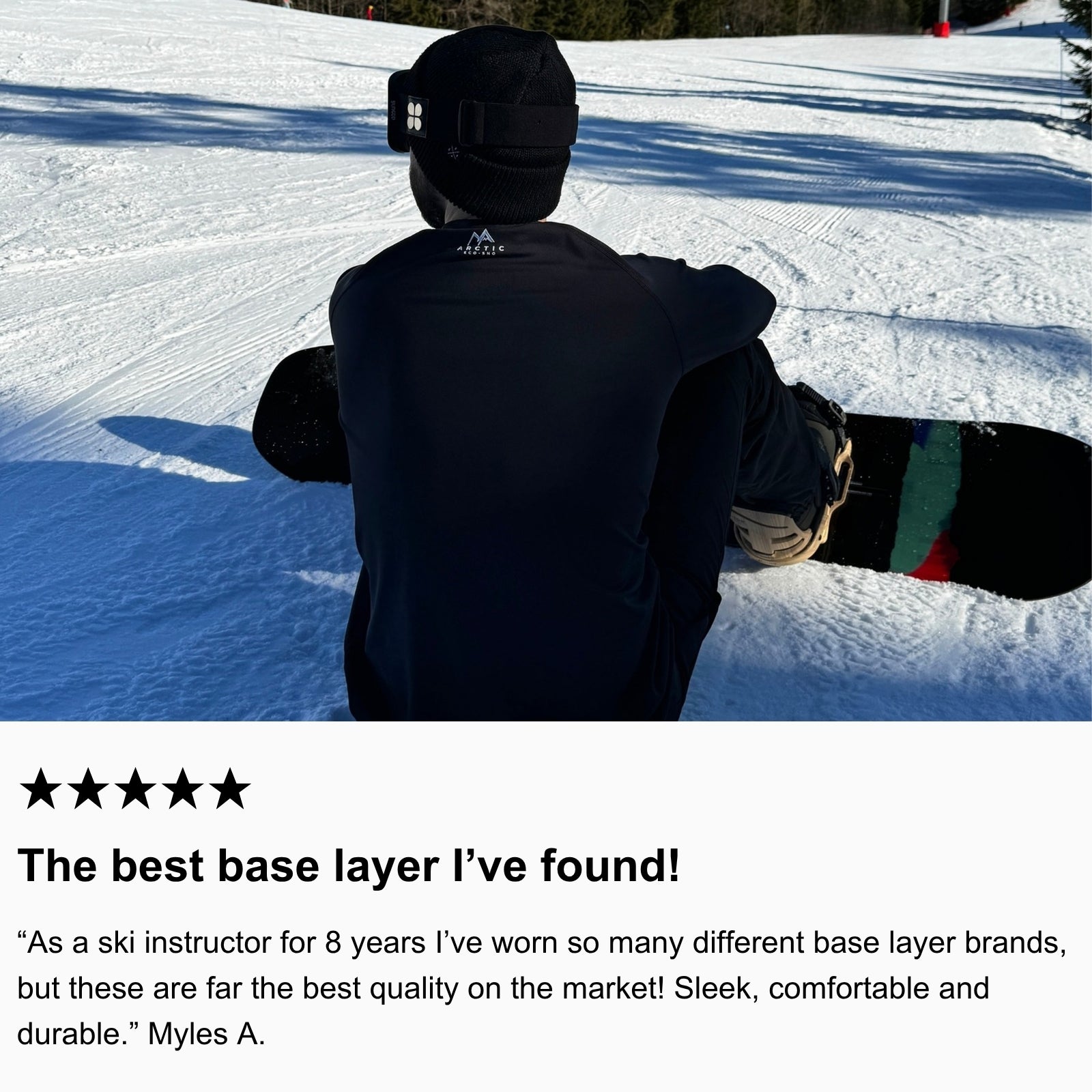 Photo of community member snowboarding in France, wearing Arctic Eco-Sno Men’s Base Layers in Black.