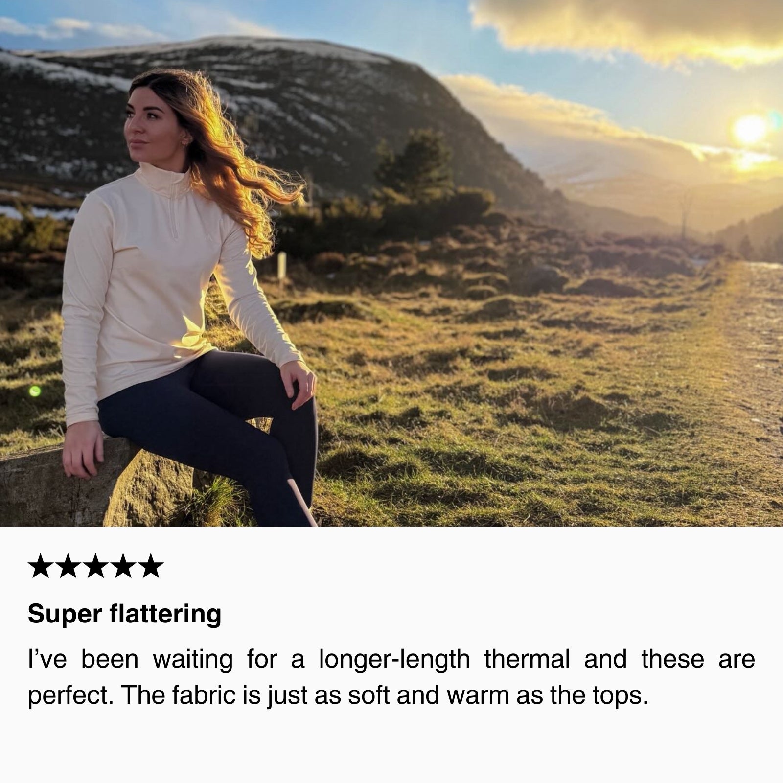 Woman wearing a cream thermal hiking base layer and leggings sitting on a hillside at sunset, demonstrating a soft, warm layer ideal for hiking and outdoor adventures.