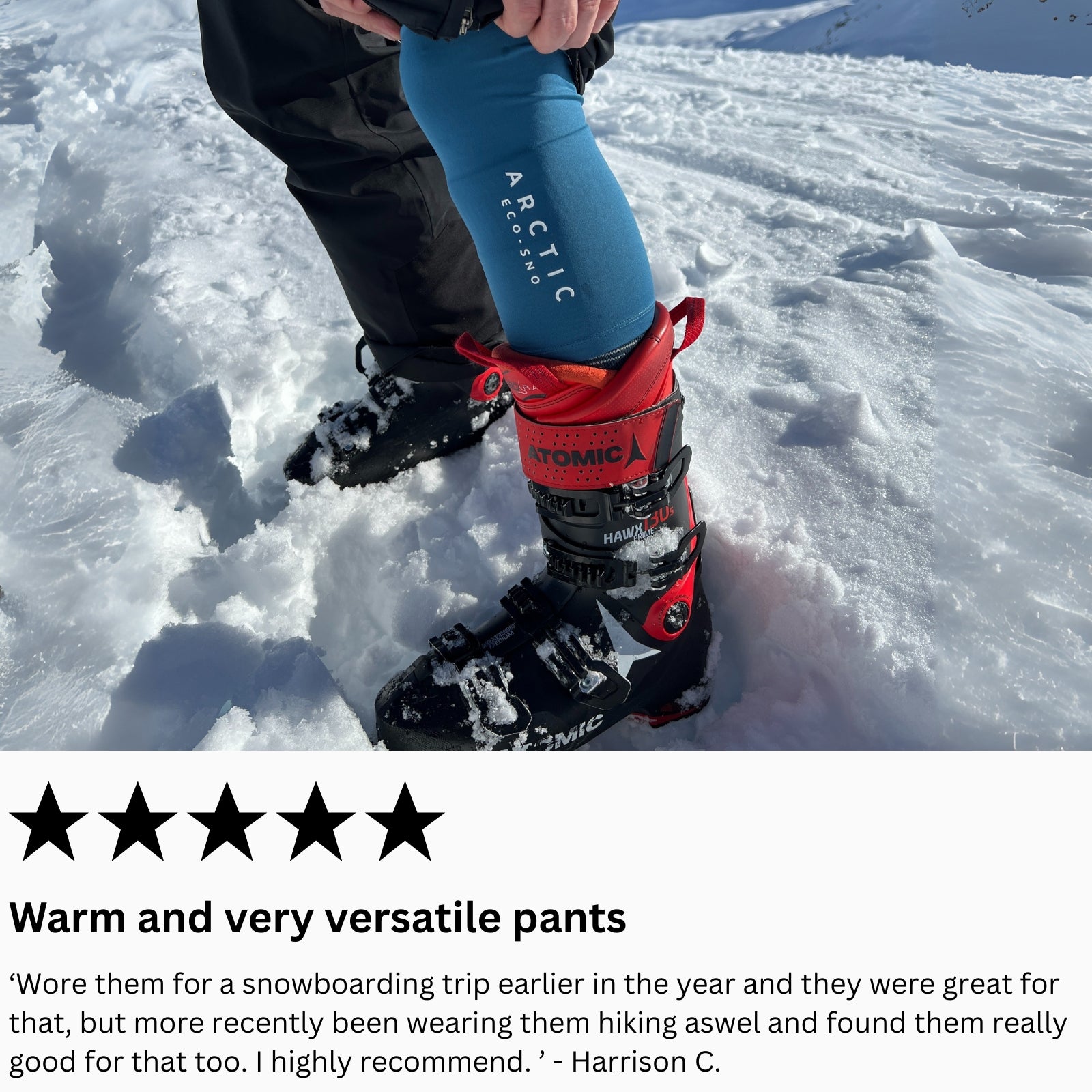 man wearing arctic eco sno base layer pants with ski boots
