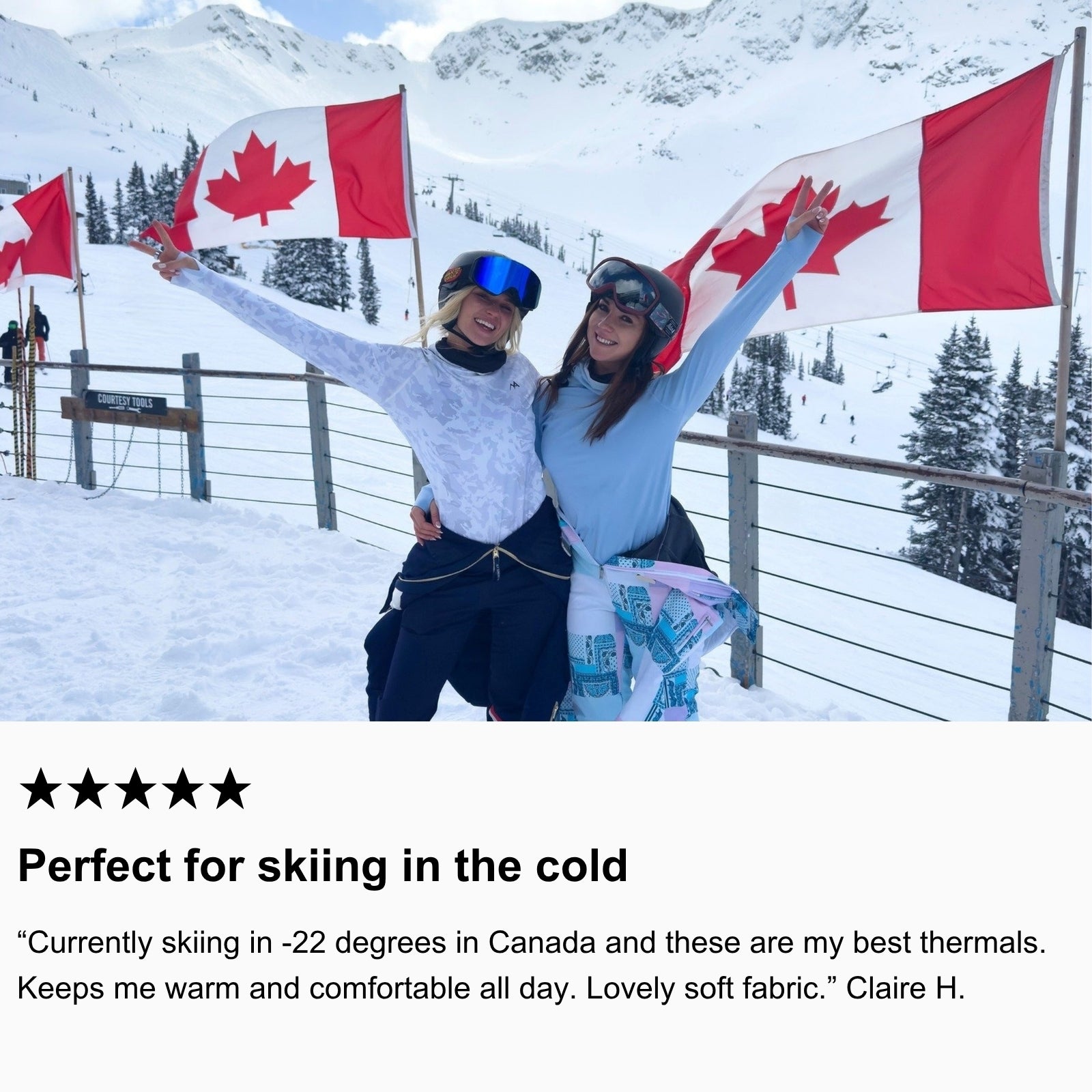 Photo of Lucie Rose Donlan and friend (Alice) standing the snow in Whistler, Canada wearing Arctic Eco-Sno Women’s Base Layers in Sno-Camo and Sky Blue.