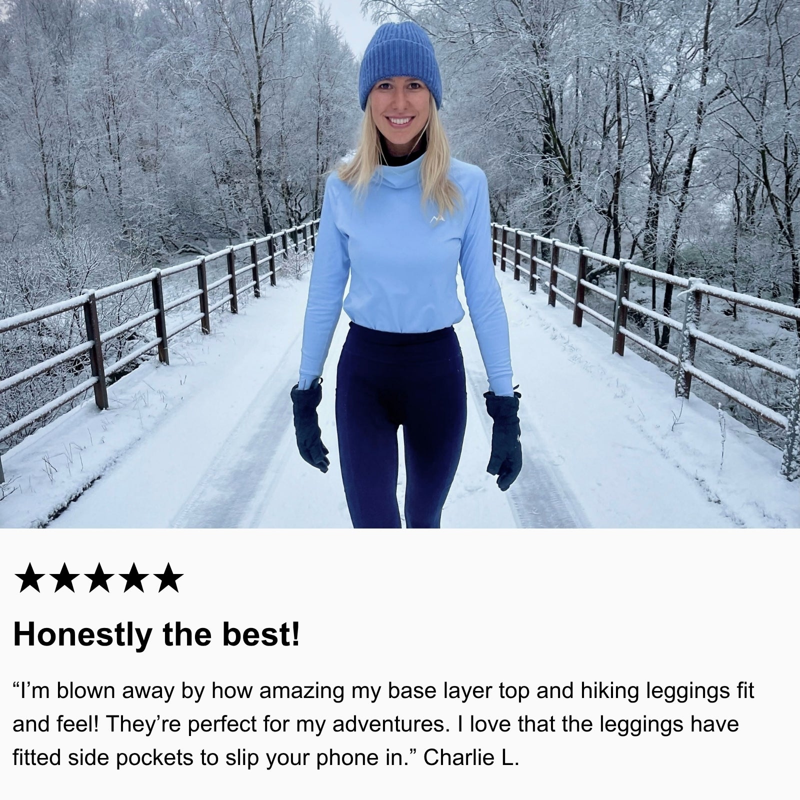 Photo of community member hiking in the snow wearing Arctic Eco-Sno Women’s Base Layer Top in Sky Blue and Hiking Legging in Deep Blue. 