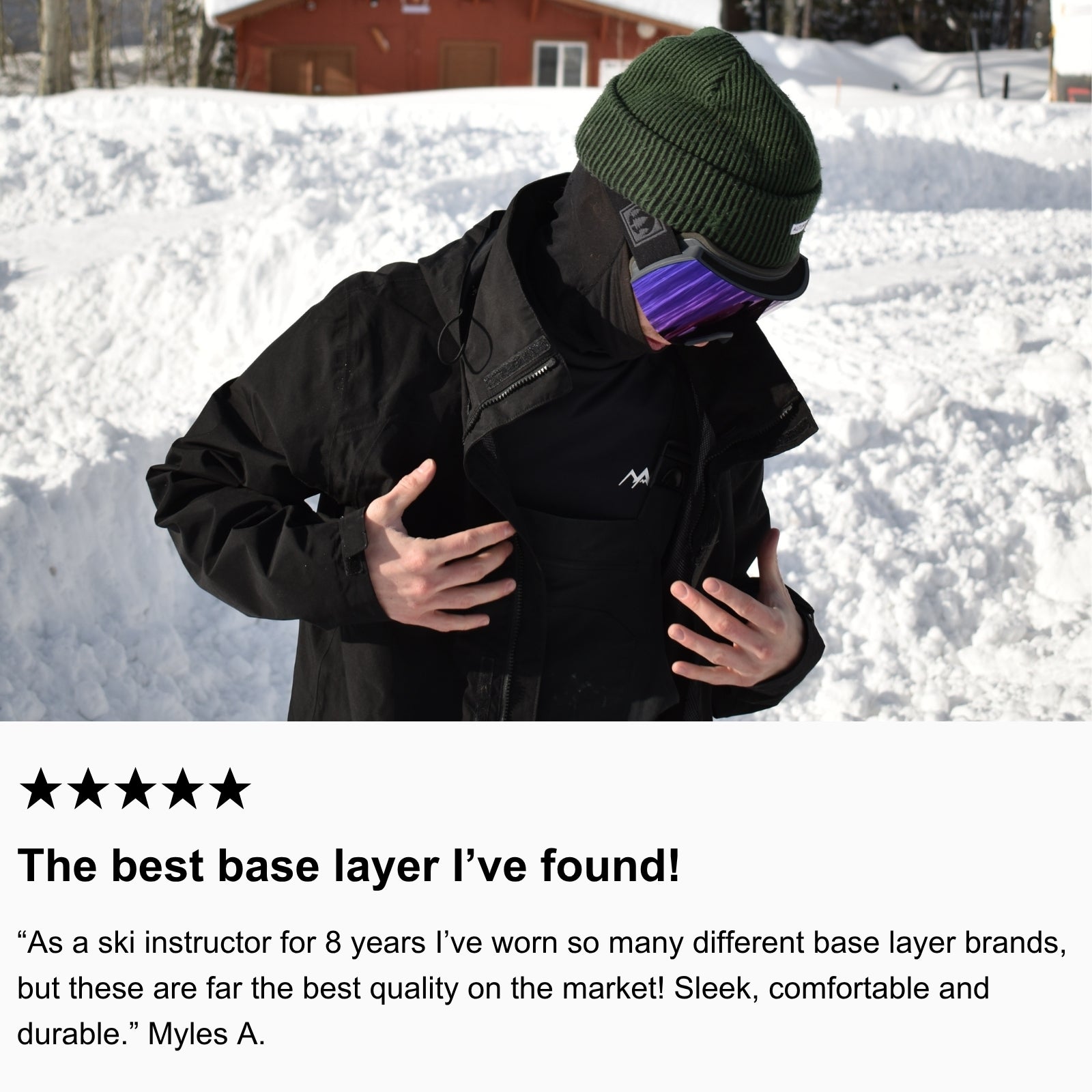 Photo of community member standing in the snow wearing Arctic Eco-Sno Men's Base Layer Top in Black.