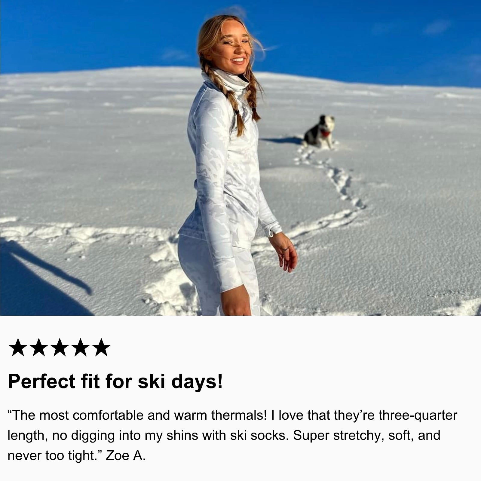 Photo of community member hiking in the snow wearing Arctic Eco-Sno Women’s Base Layer Top and Base Layer Leggings in Sno-Camo.