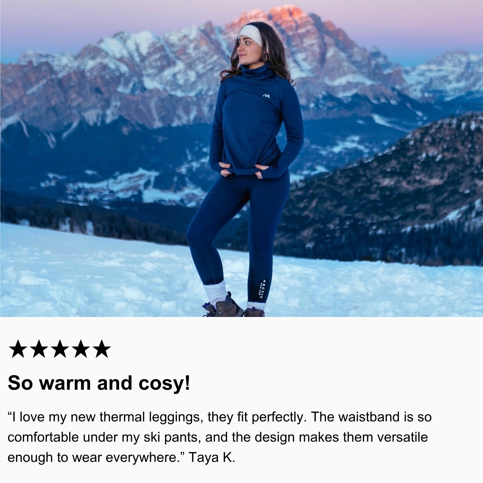 Photo of community member hiking in the snow wearing Arctic Eco-Sno Women’s Base Layer Top and Base Layer Leggings in Night Sky Navy.
