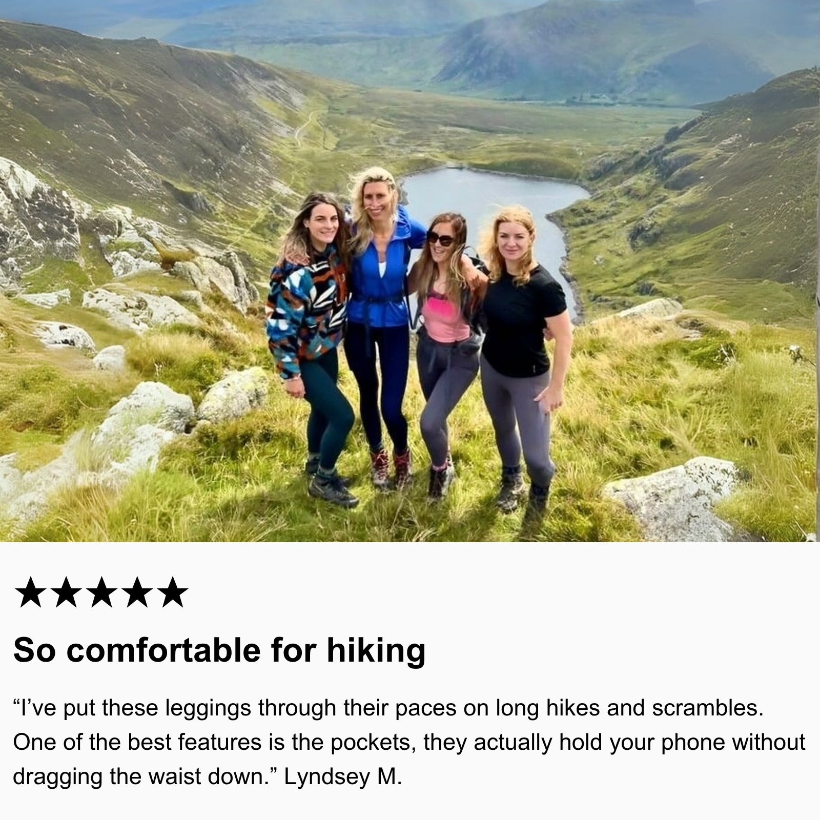 Photo of community members hiking wearing Arctic Eco-Sno Women’s Hiking Leggings in Tornado Grey and Deep Blue.