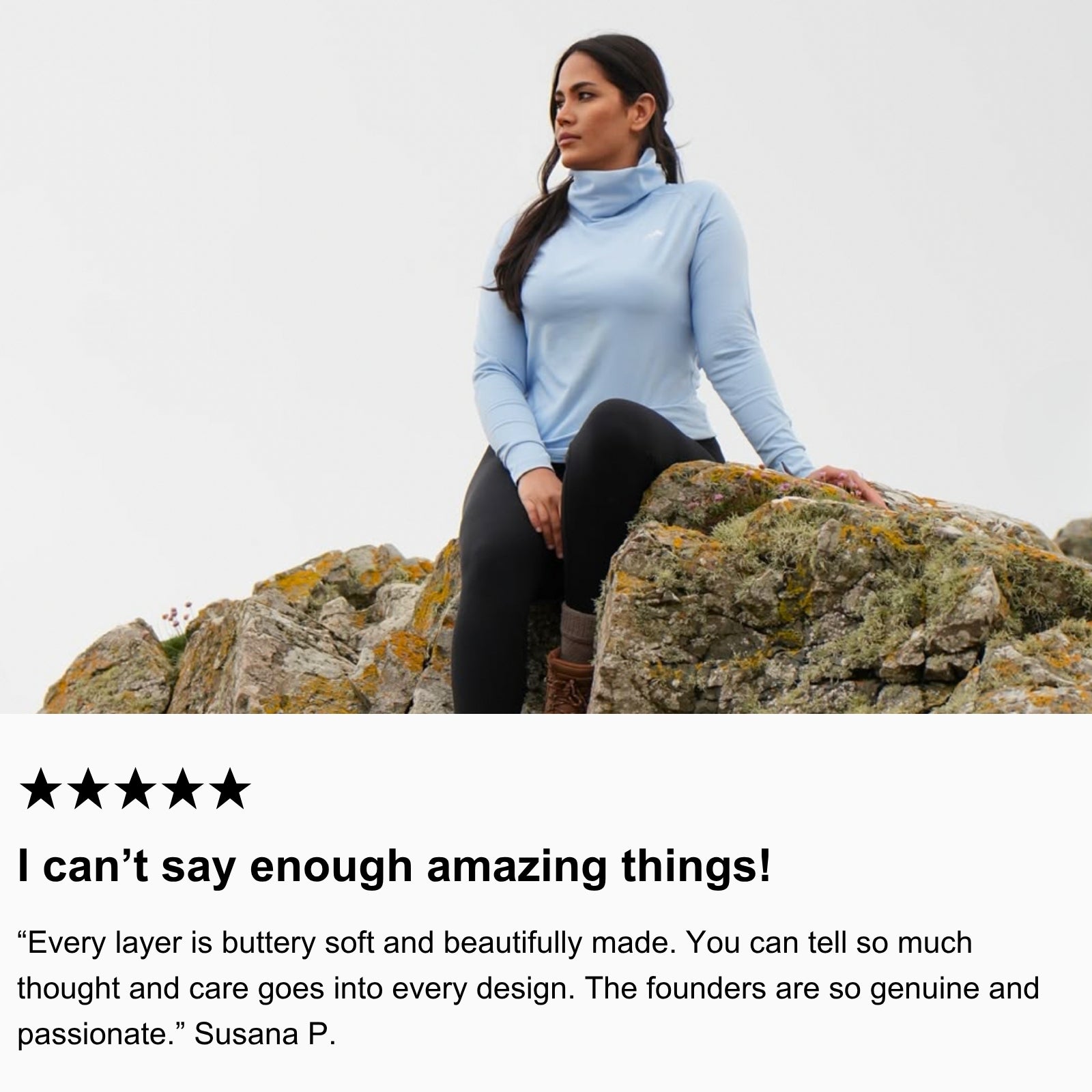 Photo of community member sitting on a rock mid-hike wearing Arctic Eco-Sno Women’s Base Layer Top in Sky Blue and Hiking Leggings in Black.