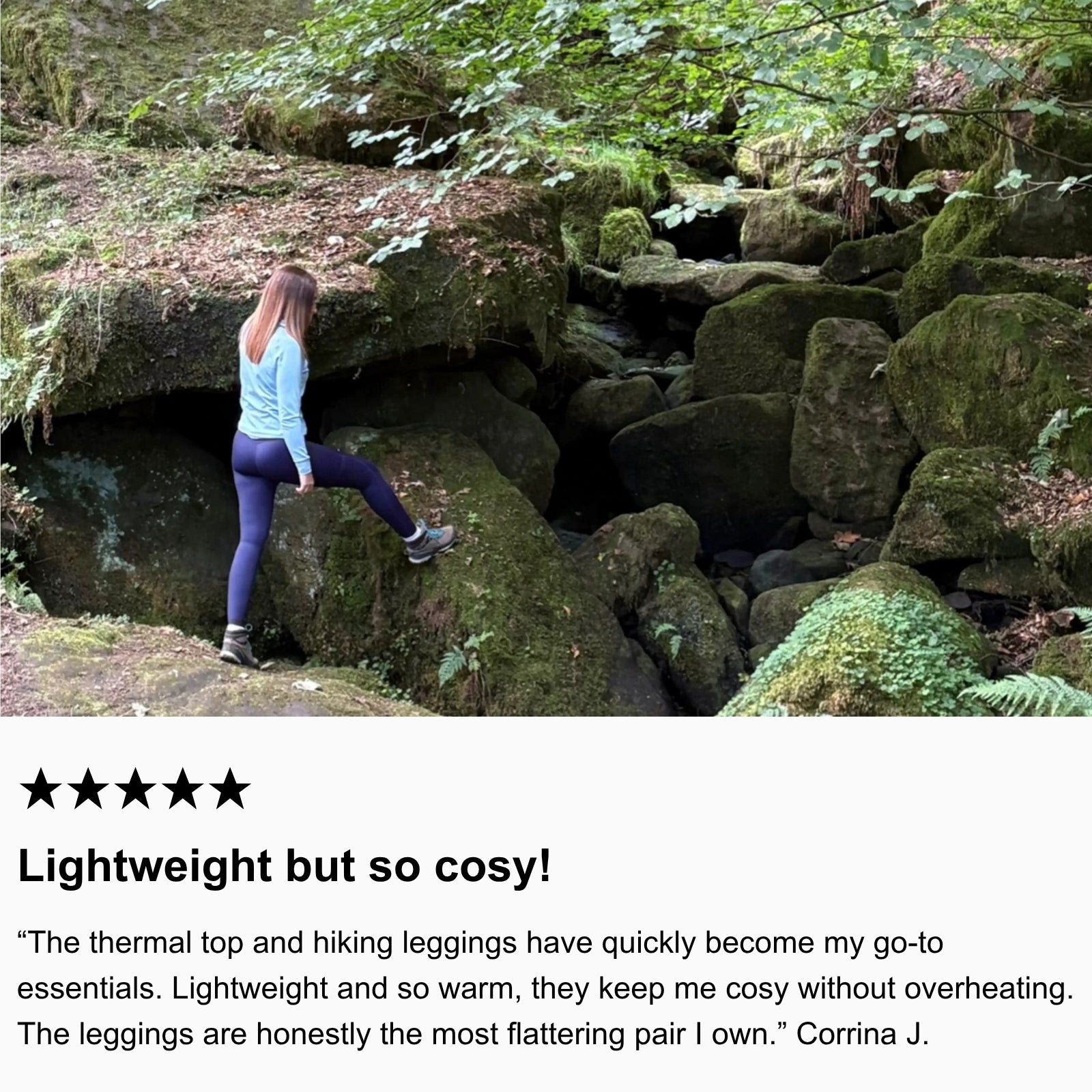 Photo of community member scrambling wearing Arctic Eco-Sno Women’s Base Layer Top in Sky Blue and Hiking Leggings in Deep Blue.