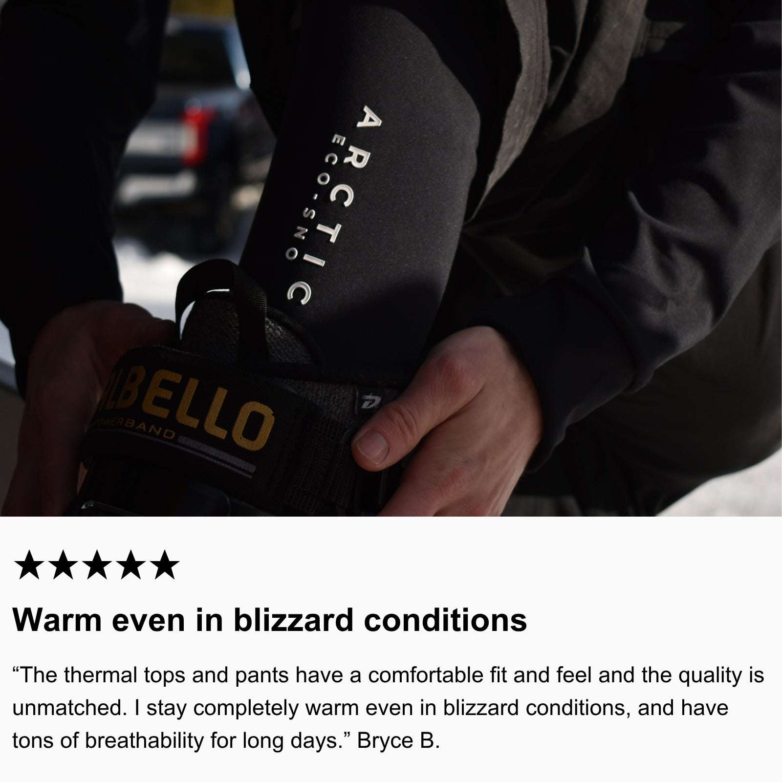 Photo of community member layering for snowboarding wearing Arctic Eco-Sno Men’s Base Layers in Black.