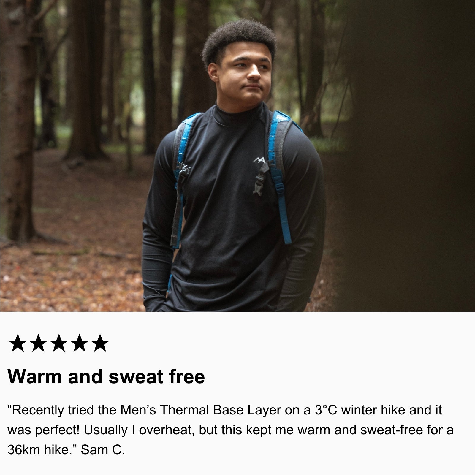 Photo of community member hiking in the forest wearing Arctic Eco-Sno Men's Base Layer Top in Black.