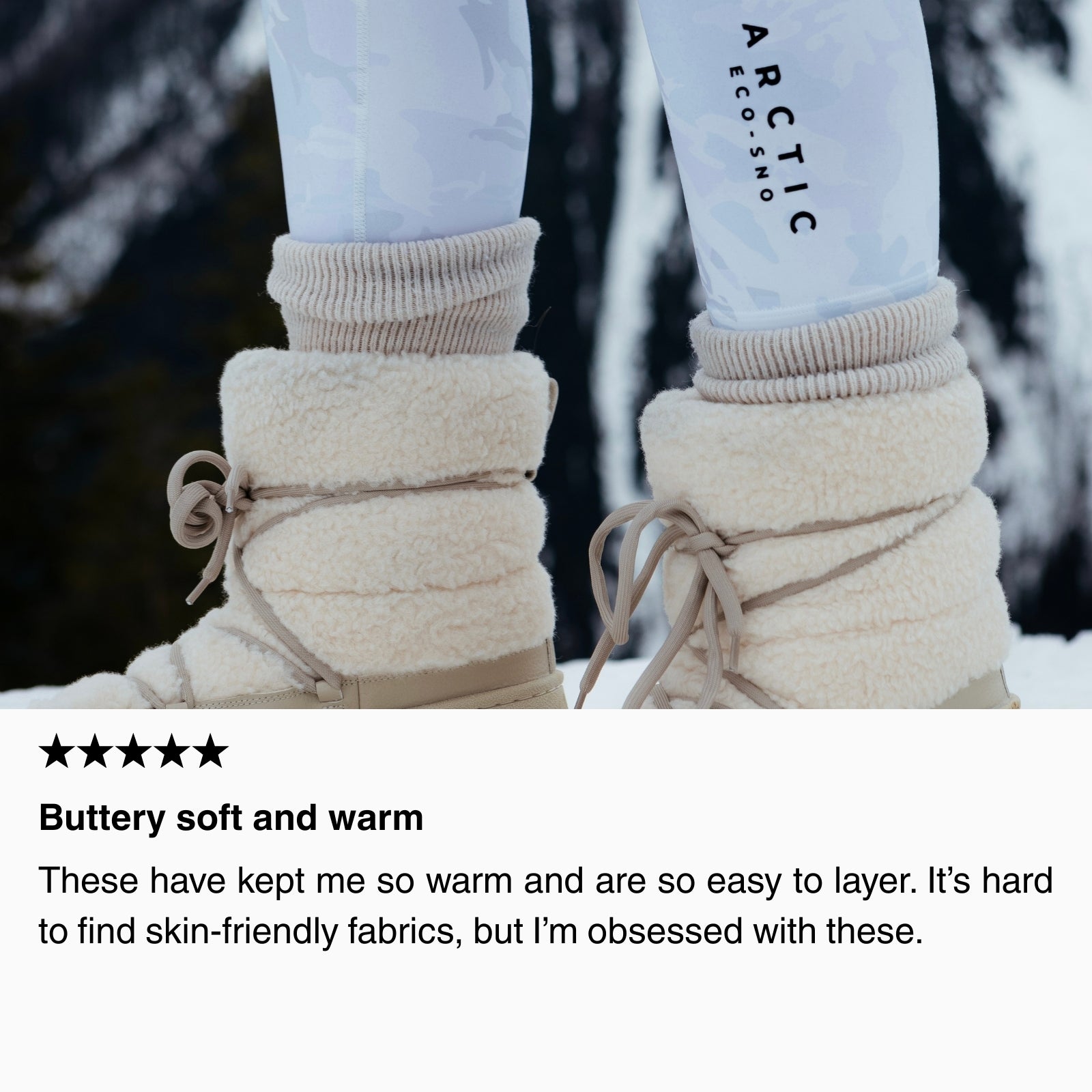 Close-up of thermal leggings worn with winter boots, showcasing buttery-soft fabric and easy layering for warmth and skin-friendly comfort in cold weather.