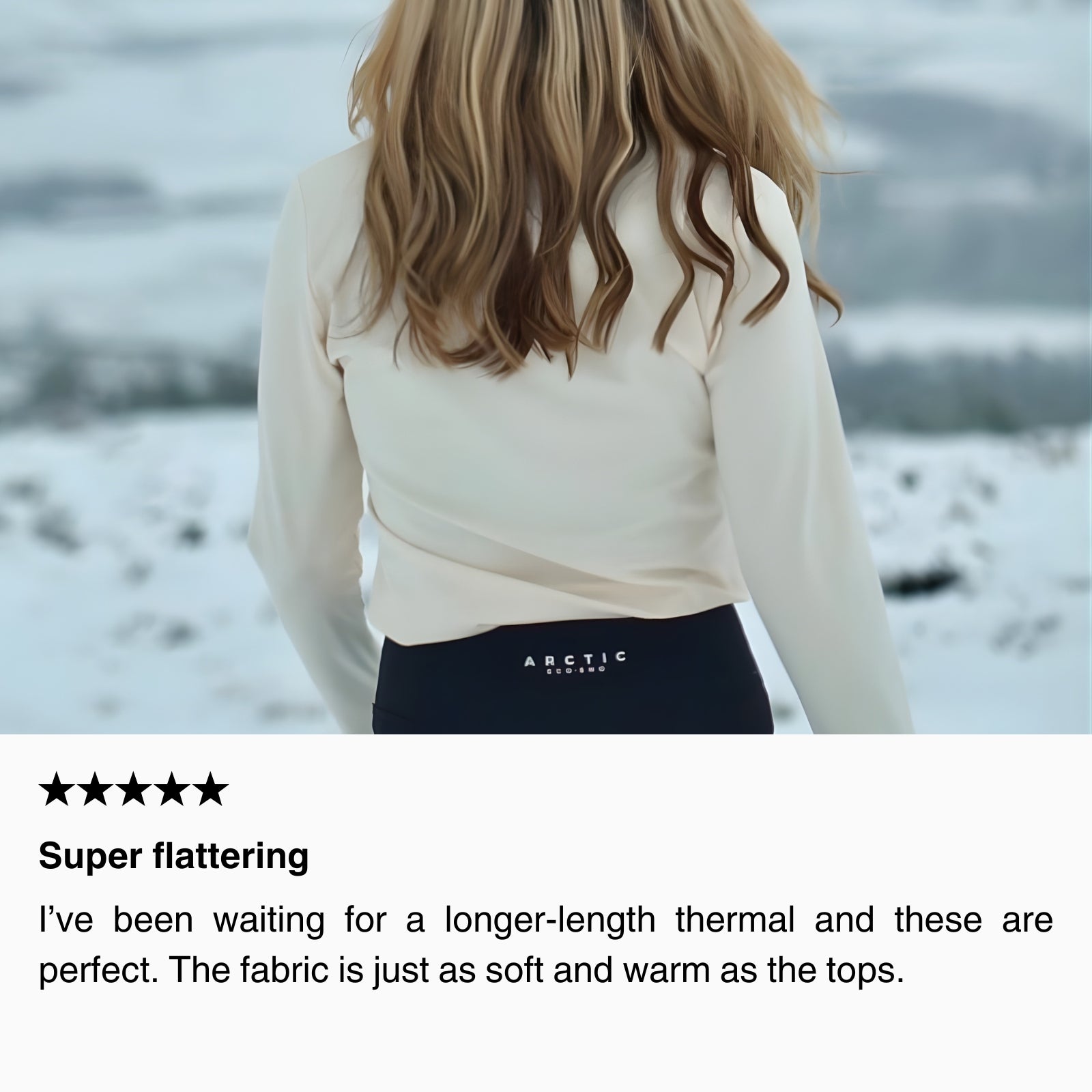 Rear view of woman wearing thermal base layer leggings outdoors in snowy terrain, showing flattering fit and full coverage.