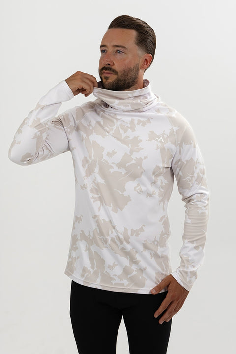 Arctic Eco-Sno men's Alpine Grey thermal base layer top with white and grey camouflage print, high neck warmer and long sleeves.