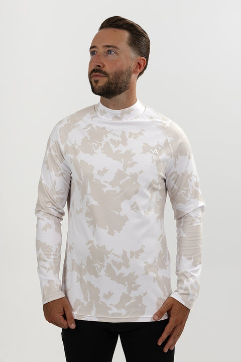 Men's Alpine Grey long-sleeve thermal base layer top with mock neck collar, white mountain logo and relaxed fit, front view.