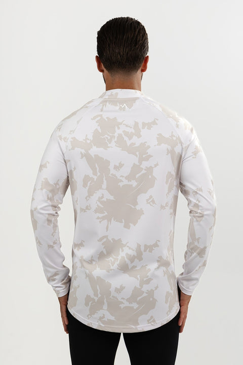 Back view of men's Alpine Grey thermal base layer top showing the white and grey camouflage pattern, raglan seams and Arctic Eco-Sno back logo.