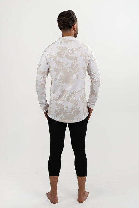 Full-length back view of men's Alpine Grey thermal ski base layer top showing its relaxed fit, extended curved hem and camouflage design.