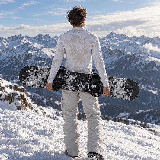 Man wearing the Arctic Eco-Sno men's Alpine Grey thermal base layer top, holding a snowboard with his back to the camera in the snowy mountains.