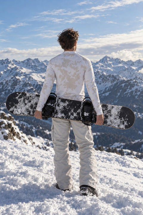Rear view of men's Alpine Grey thermal base layer top showing its white and grey camouflage print and Arctic Eco-Sno back logo, worn by a snowboarder holding his board in the snowy mountains.