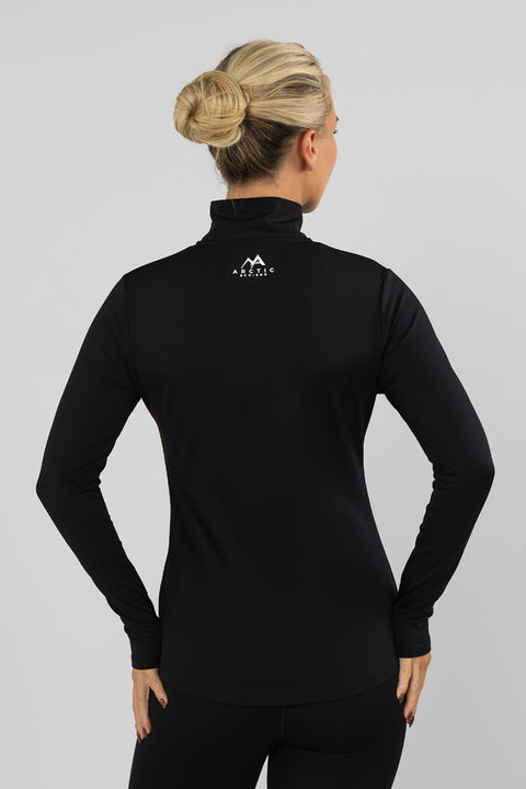 Rear view of the Arctic Eco-Sno women's black thermal base layer quarter zip top, showing the white back logo and long-sleeve fit.