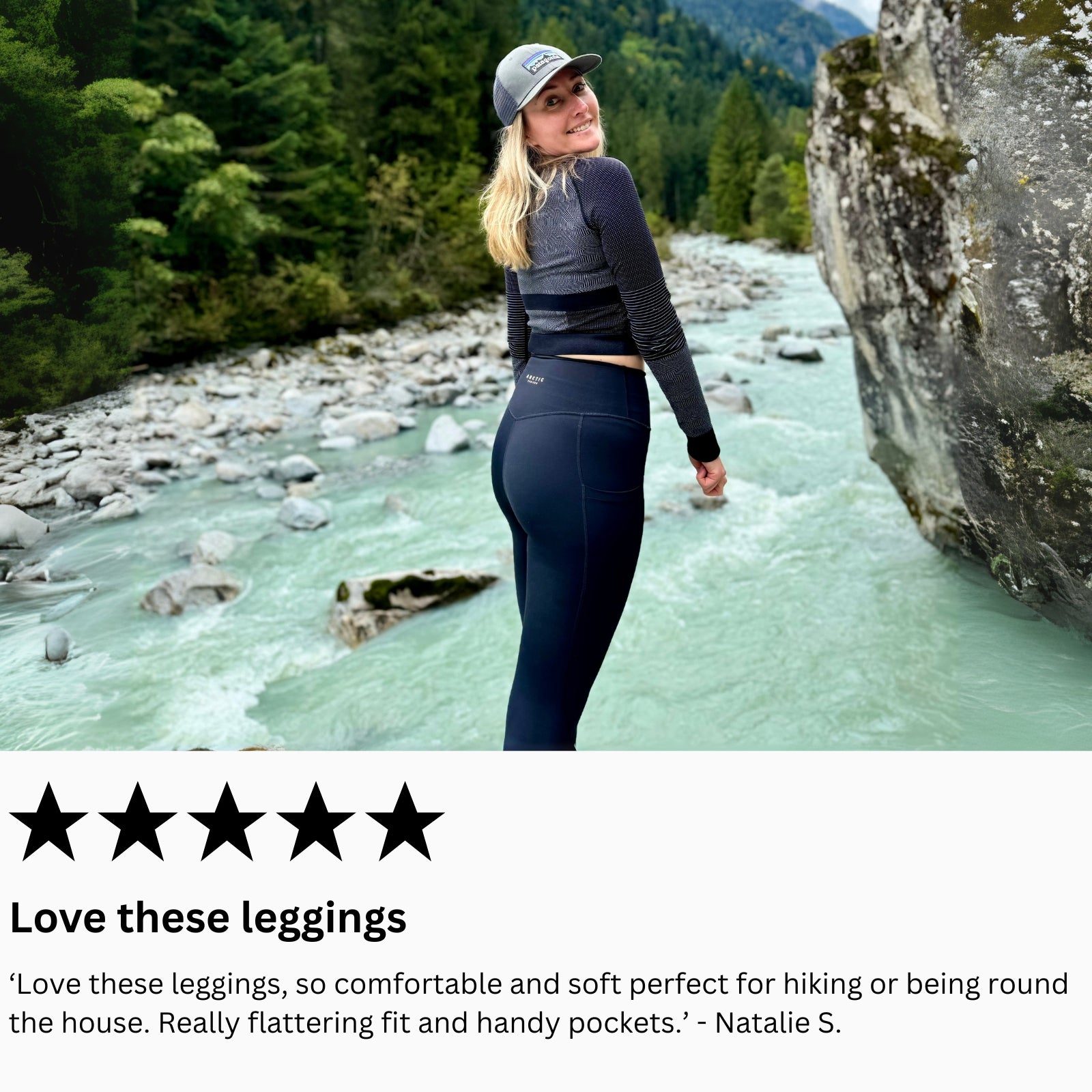 Woman wearing arctic eco sno hiking leggings next to a scenic river