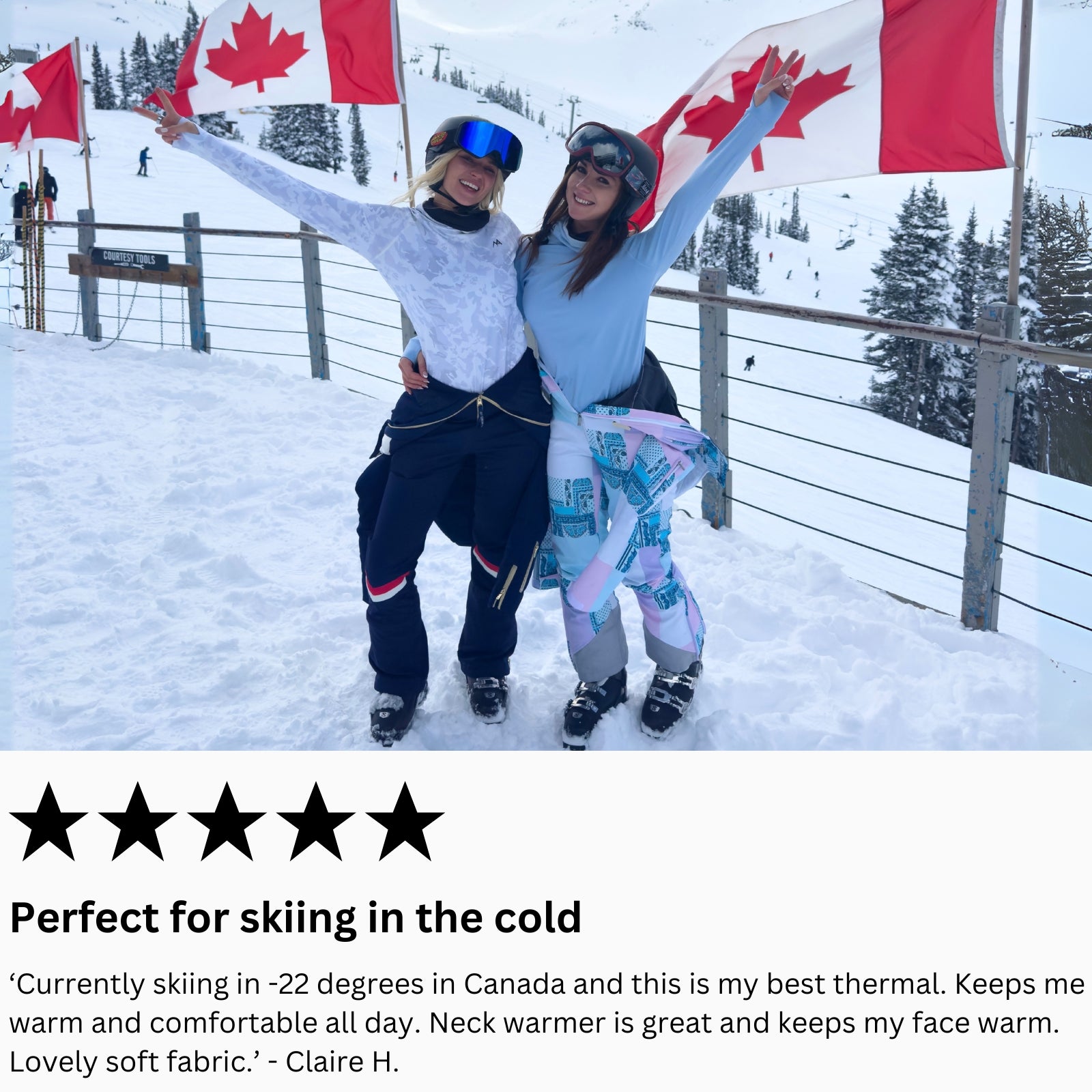 Two women wearing arctic eco sno base layer tops skiing