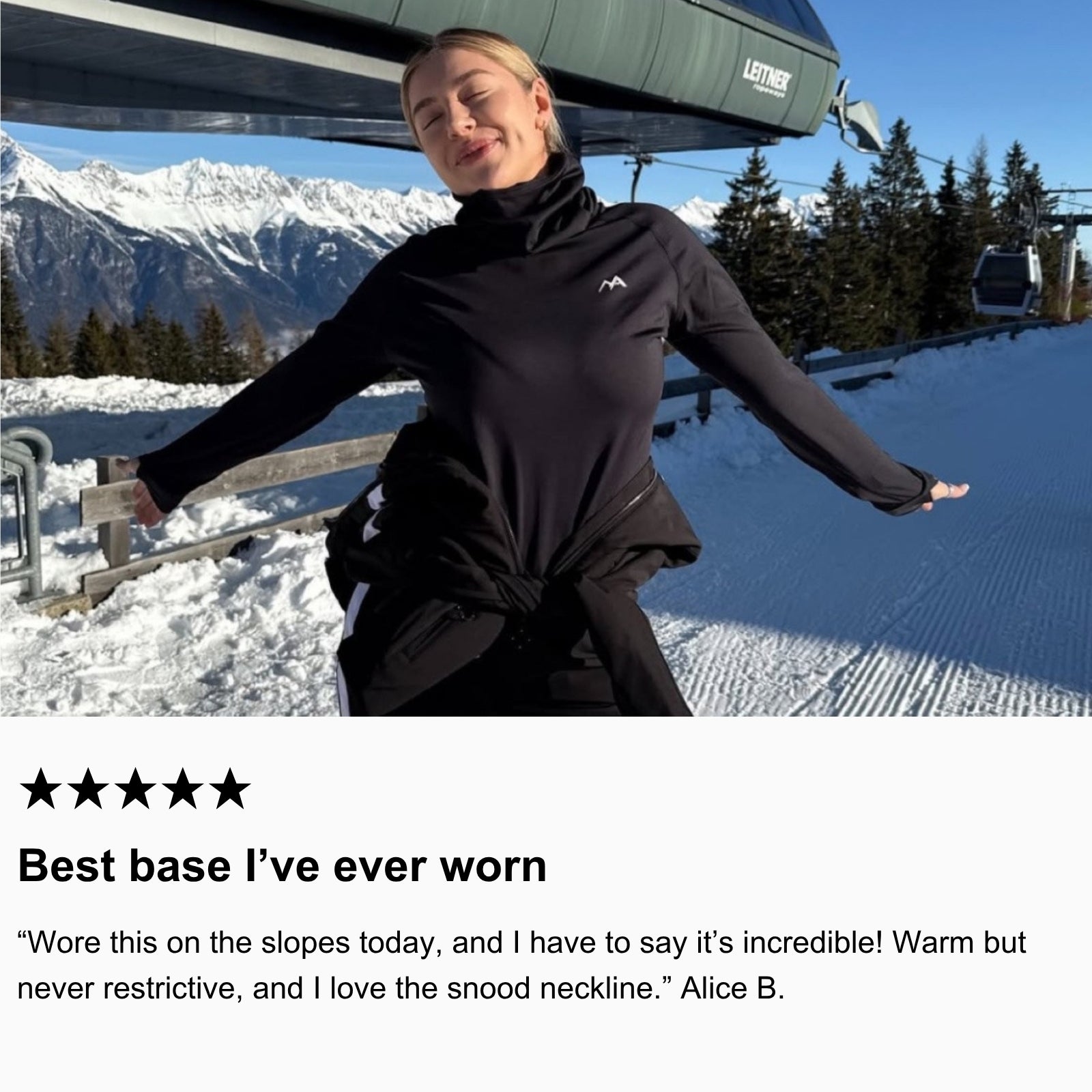 Photo of community member skiing in the snow, wearing Arctic Eco-Sno Women’s Base Layer Top in Black.