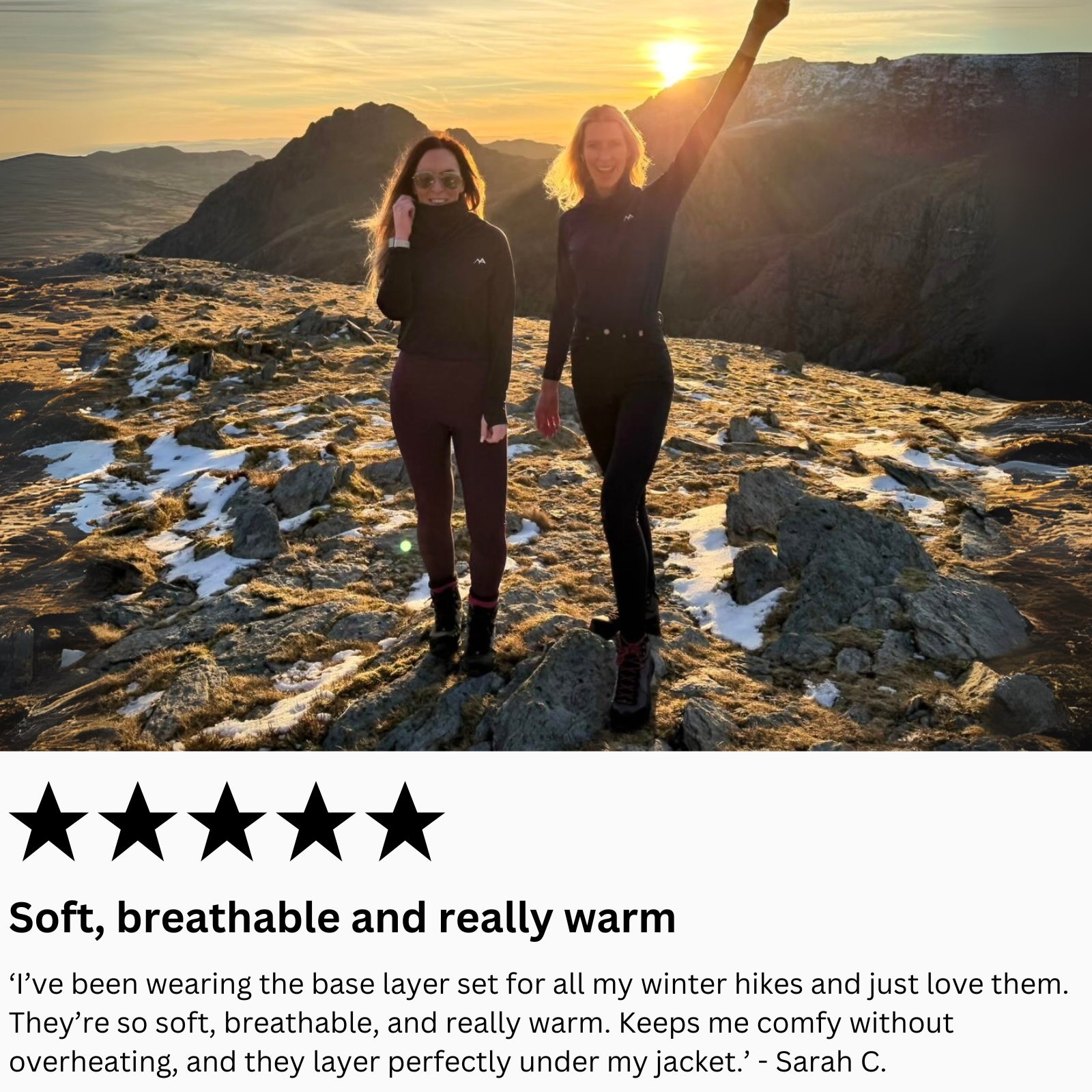 Women standing at top of a hike wearing arctic eco sno base layers