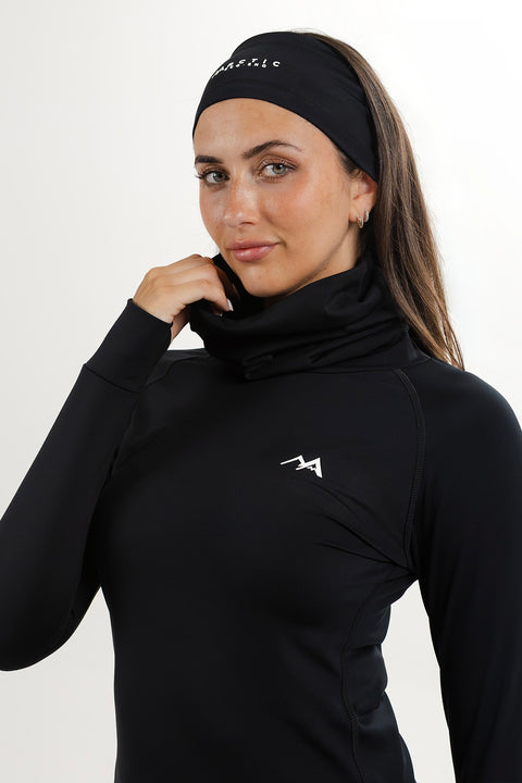 Women’s black thermal ski headband with high neck base layer top and Arctic Eco-Sno logo.